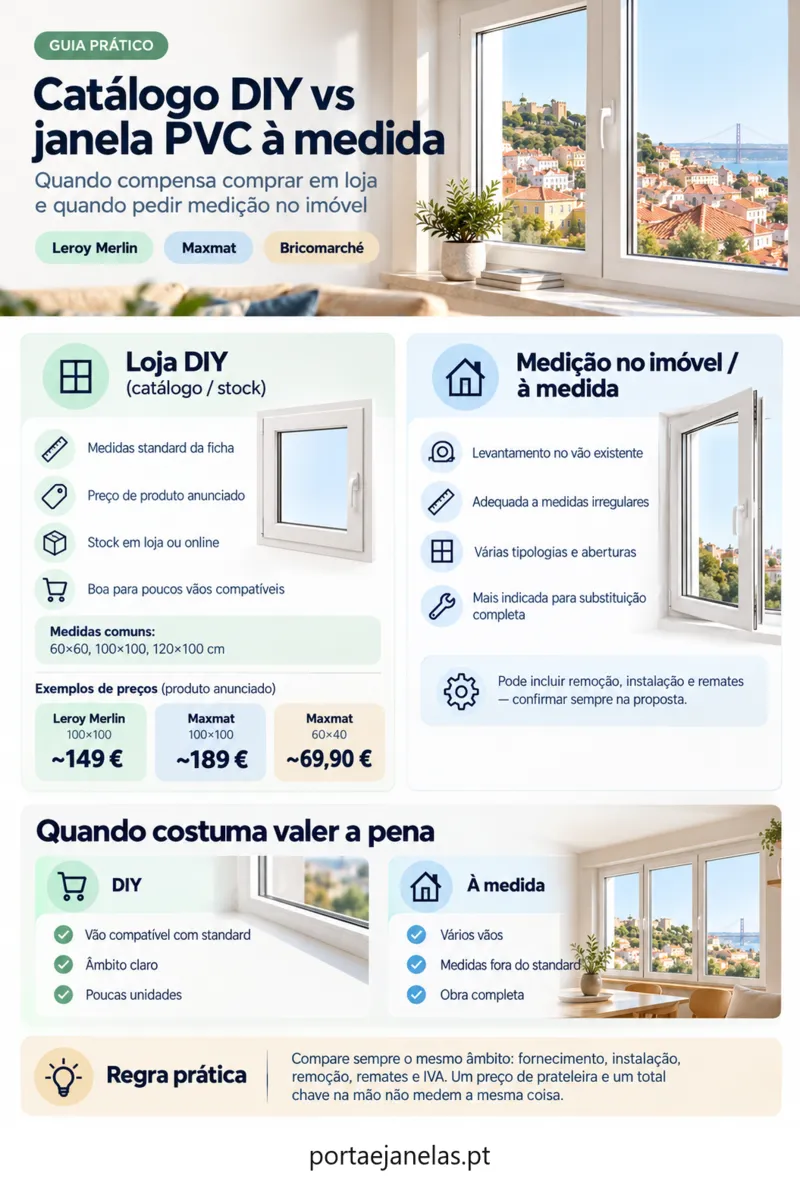 Comparação visual: quando o catálogo DIY chega versus quando pedir janela PVC à medida
